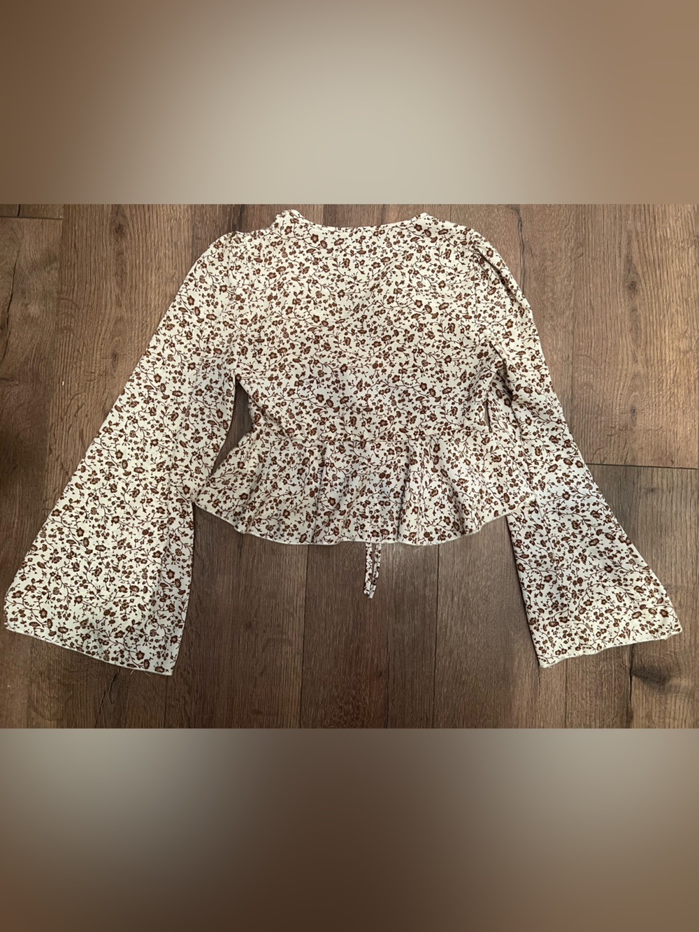 Floral Peplum Long-Sleeve Top in Cream and Brown